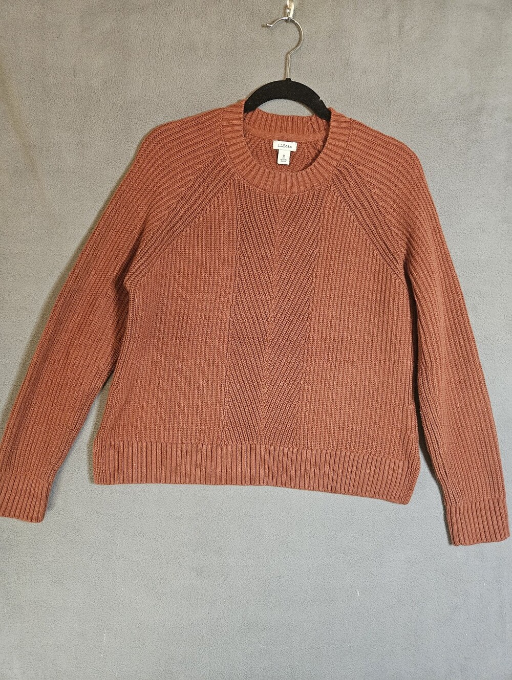 LL Bean Womens Medium Chunky Ribbed Knit Sweater Brown Cotton Crewneck Pullover